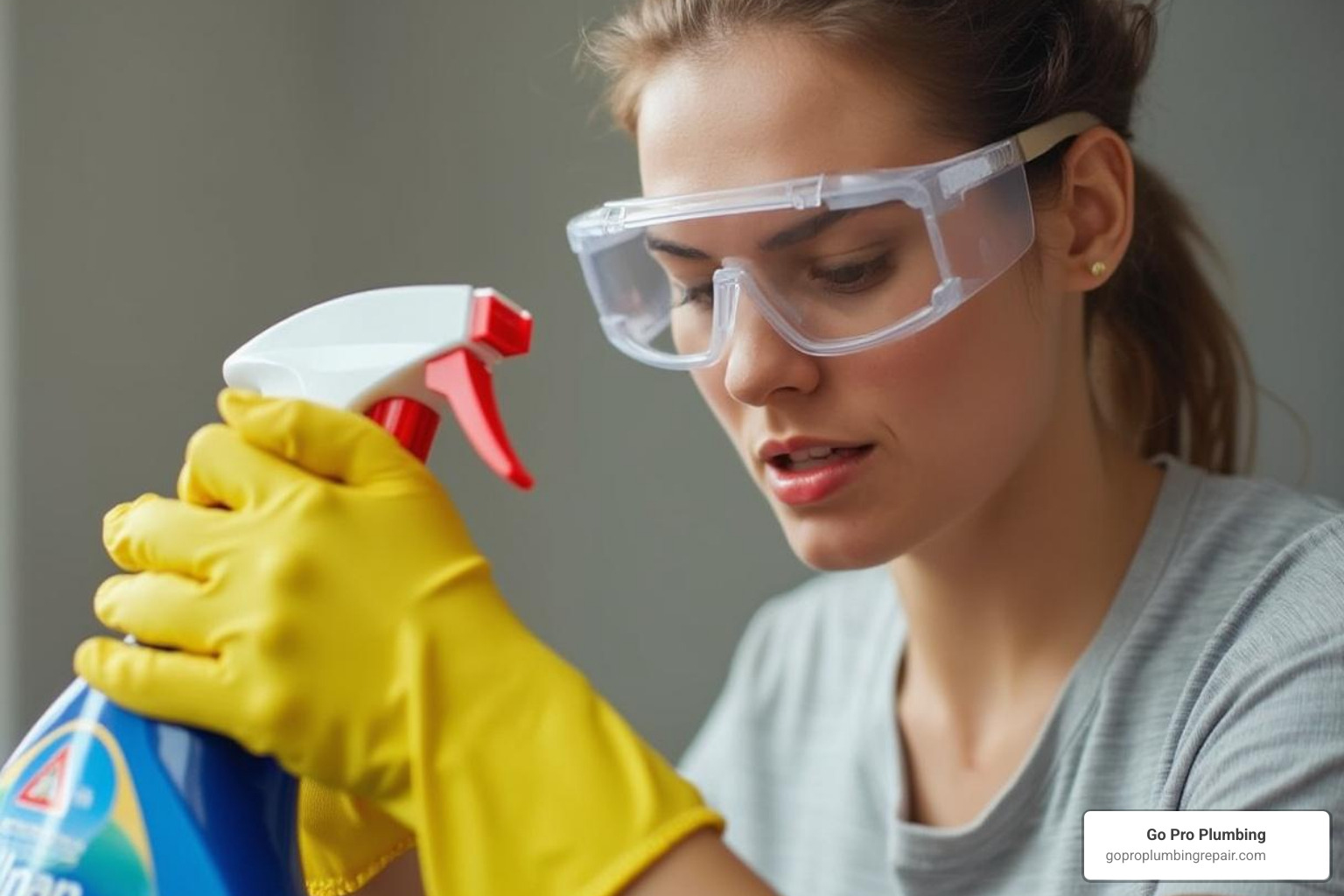 person wearing safety goggles and gloves while looking at a drain cleaner label - best drain cleaner for main sewer line
