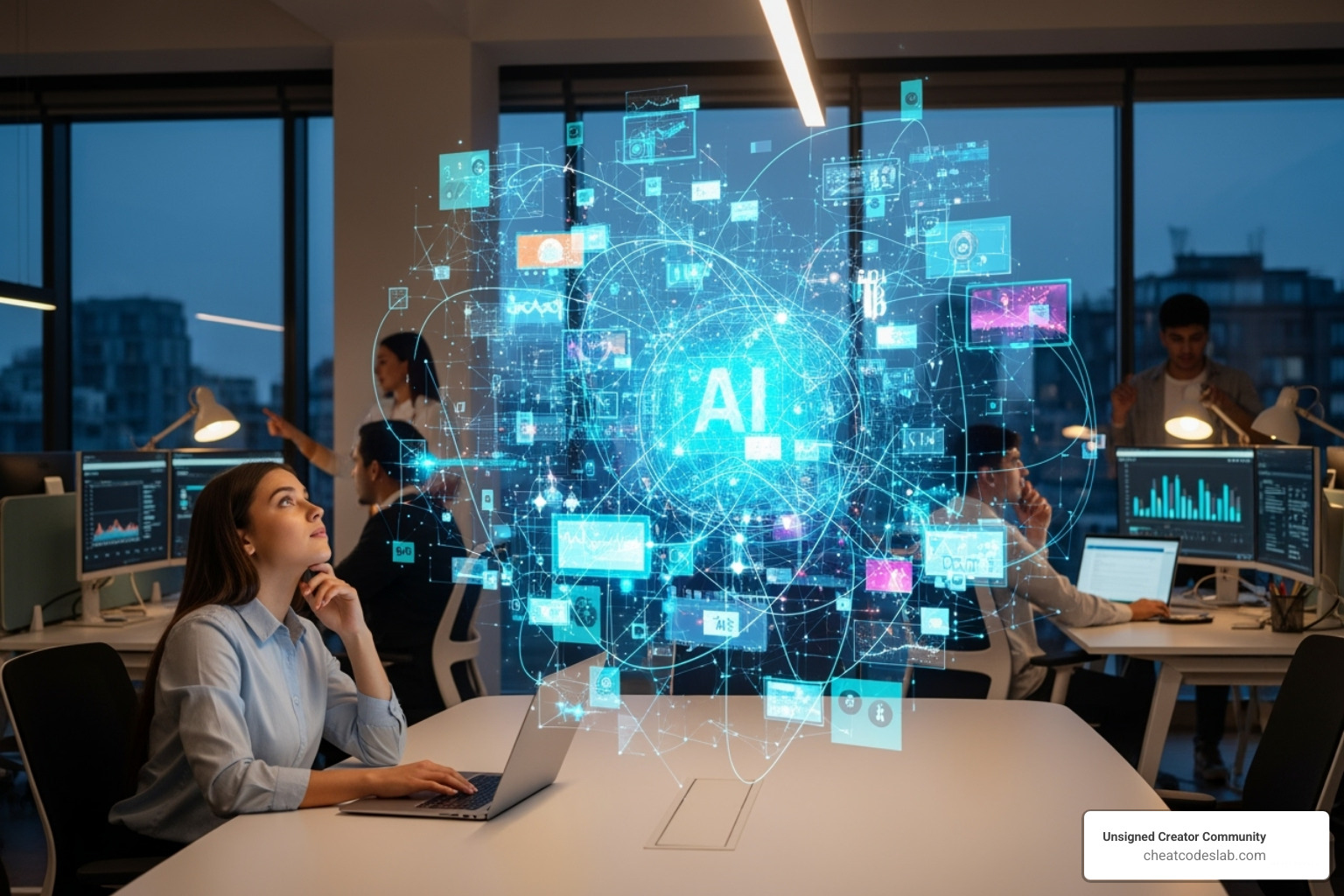 Futuristic interface showing an AI agent performing market research - AI in online marketing