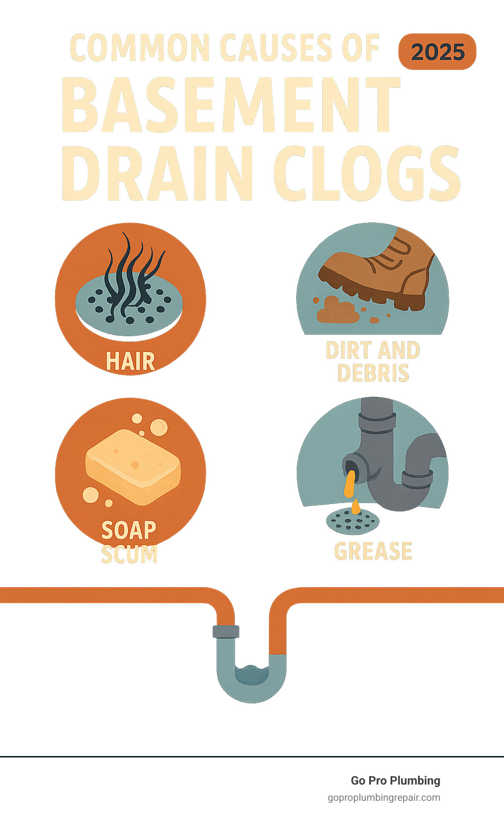 Infographic explaining the common causes of basement drain clogs - best drain cleaner for basement floor drain infographic 