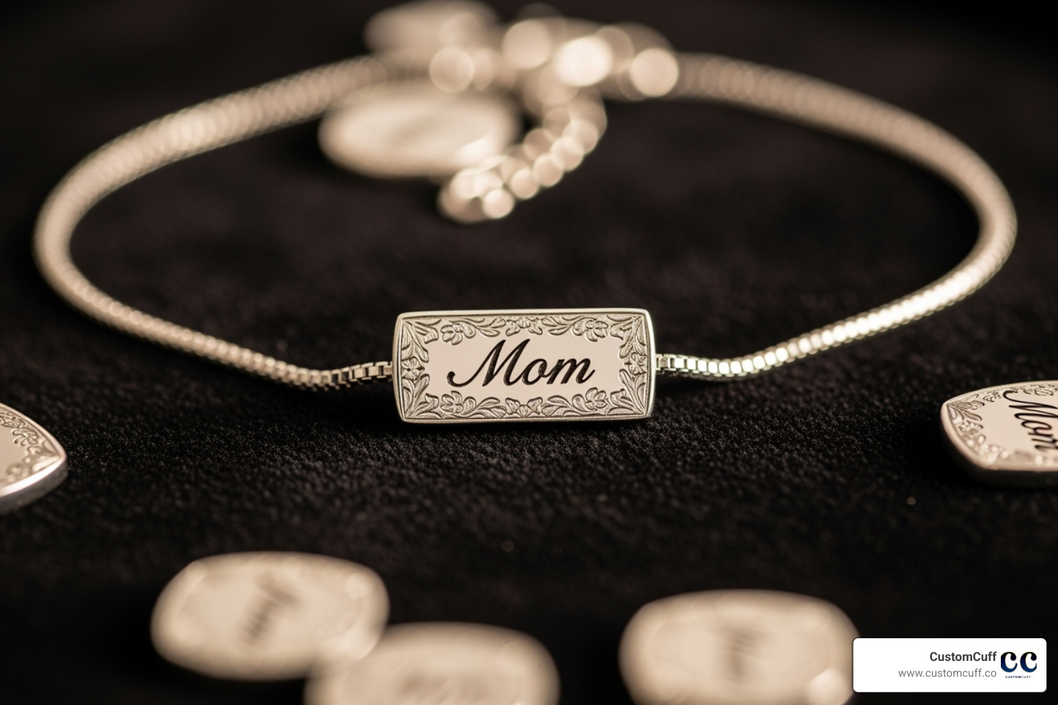 showcasing various engraving styles like handwriting, coordinates, and names with birthstones - engraved mom bracelet