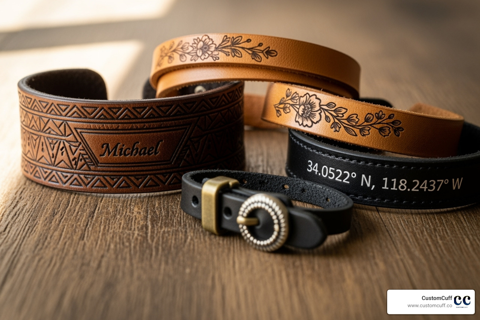 Different engraving fonts and symbols on CustomCuff leather bracelets - custom engraved leather bracelets