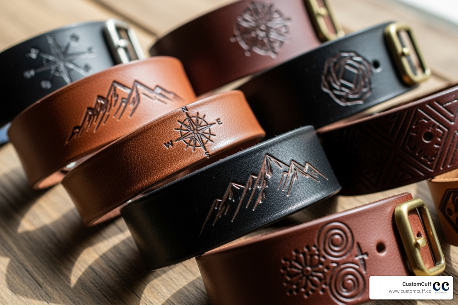 Showcasing different CustomCuff leather bracelet styles like wrap, cuff, and braided - custom engraved leather bracelets
