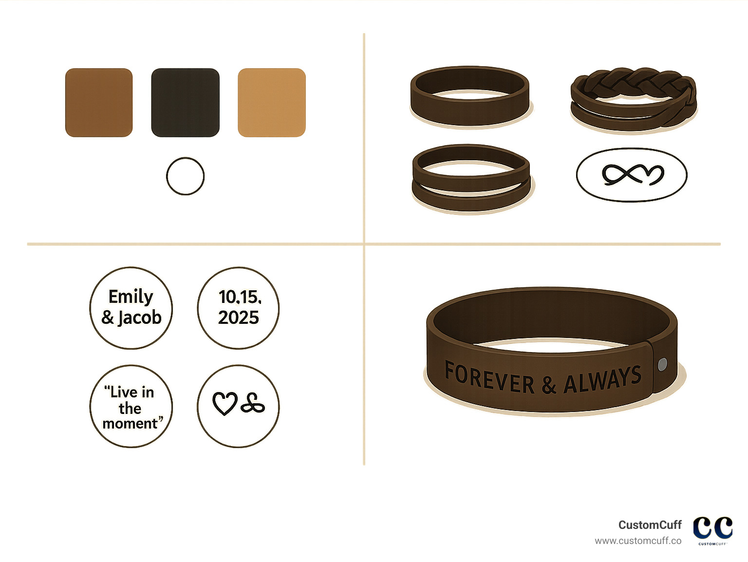 Infographic showing the complete process of creating custom engraved leather bracelets: Step 1 - Choose your leather type and color (brown, black, tan options), Step 2 - Select bracelet style (cuff, wrap, braided), Step 3 - Pick engraving content (names, dates, quotes, symbols), Step 4 - Choose font style and placement, with final result showing finished personalized bracelet - custom engraved leather bracelets infographic 