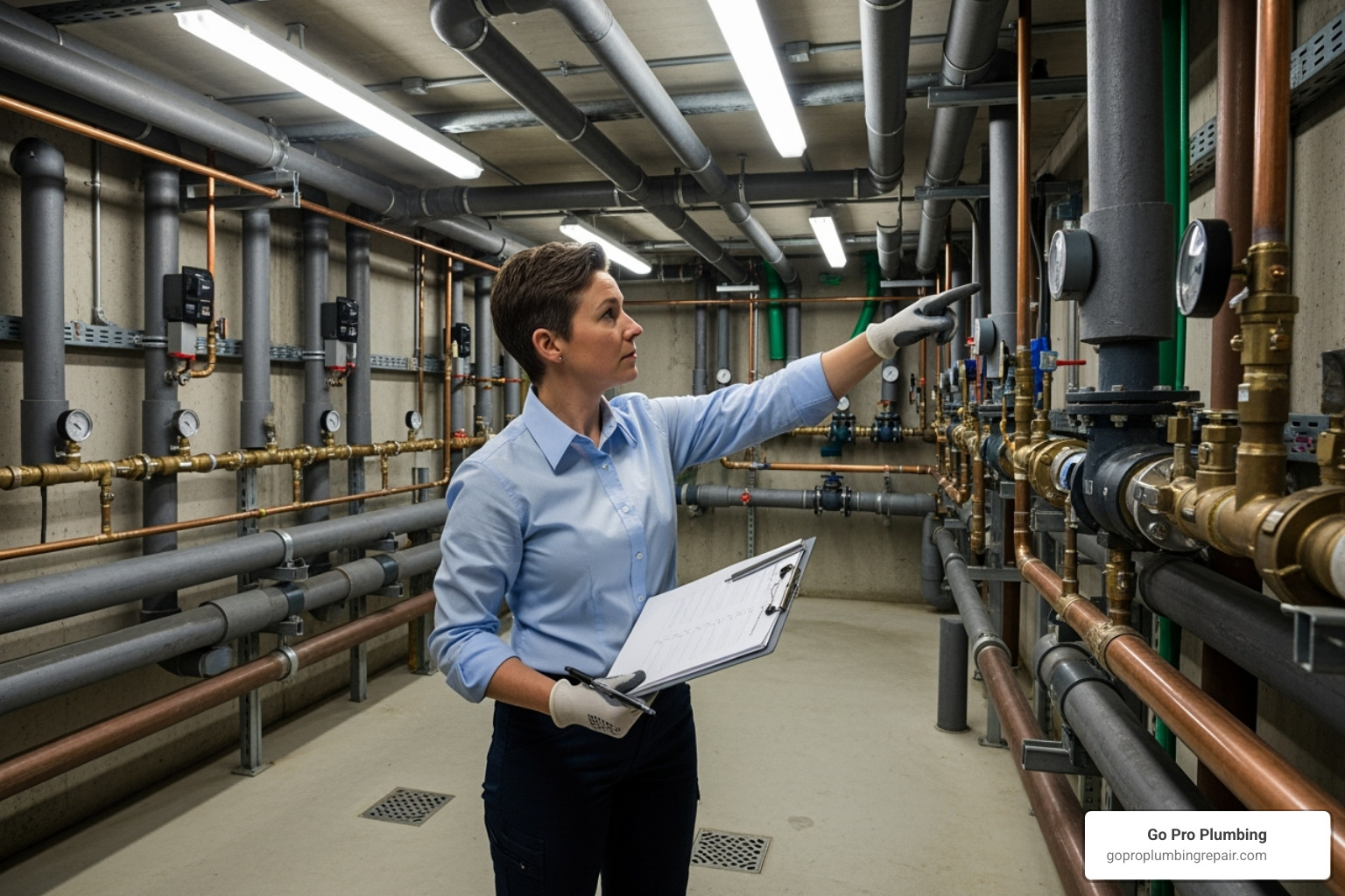 person inspecting plumbing pipes with a checklist - water efficiency audit