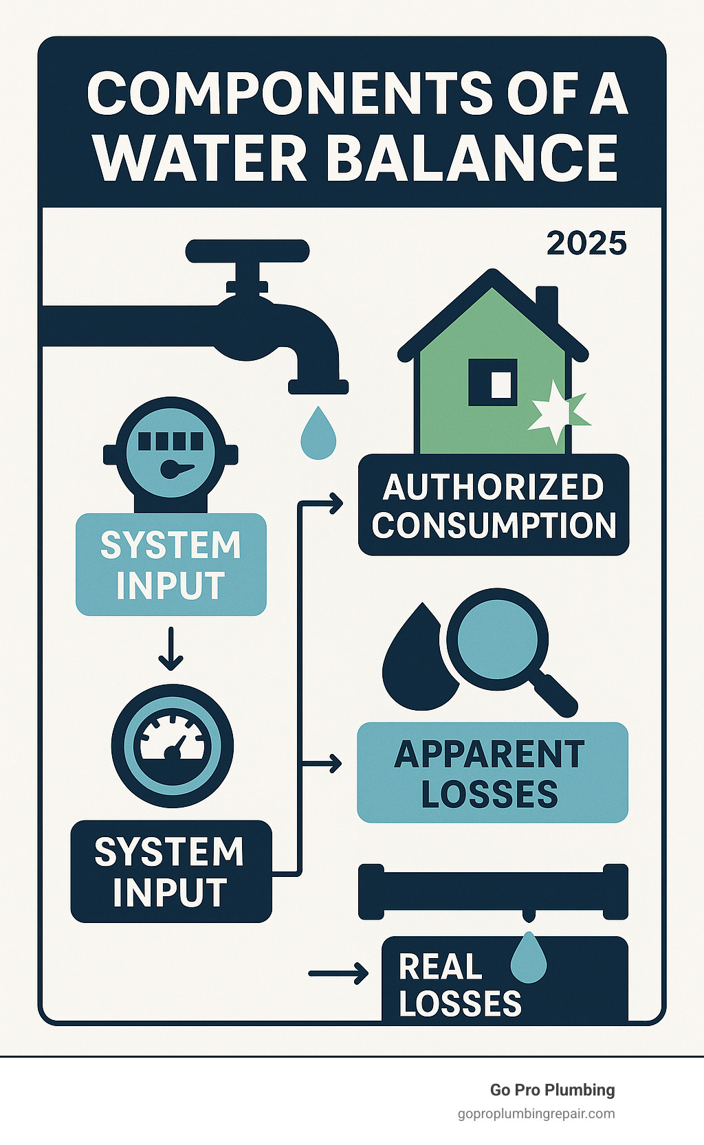 infographic explaining components of a water balance (System Input, Authorized Consumption, Apparent Losses, Real Losses) - water efficiency audit infographic 