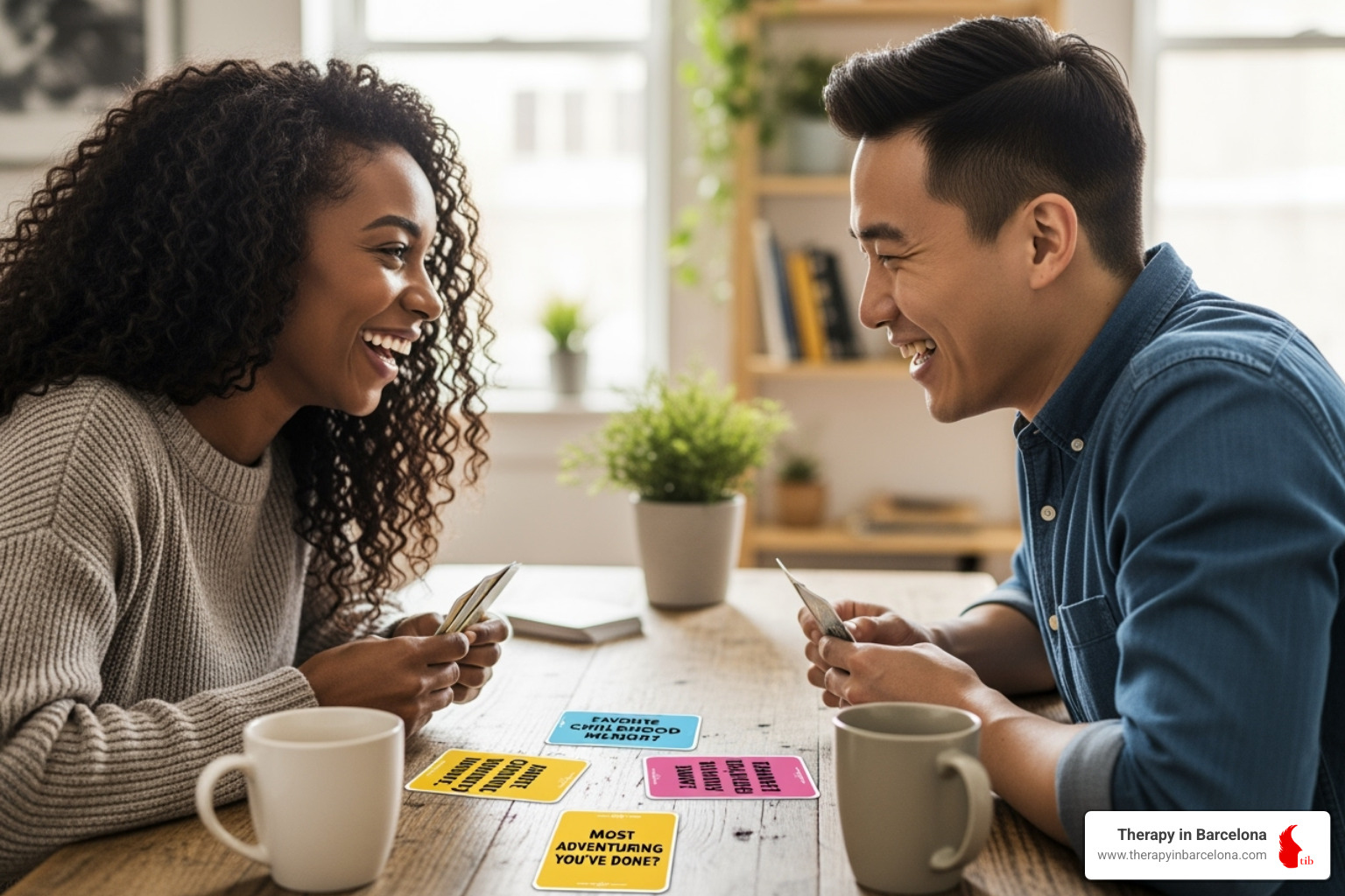 A happy couple playing a Love Map card game, laughing as they answer questions about each other's preferences and past experiences. - marital therapy exercises