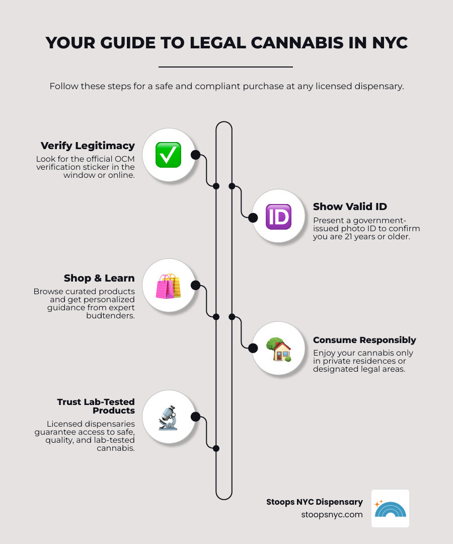 Infographic showing the 4 steps to buying legal cannabis in NYC: 1) Verify the dispensary has an OCM sticker, 2) Bring valid government-issued ID (21+), 3) Shop curated products with budtender guidance, 4) Enjoy responsibly in legal consumption areas - dispensary Union Square infographic infographic-line-5-steps-neat_beige
