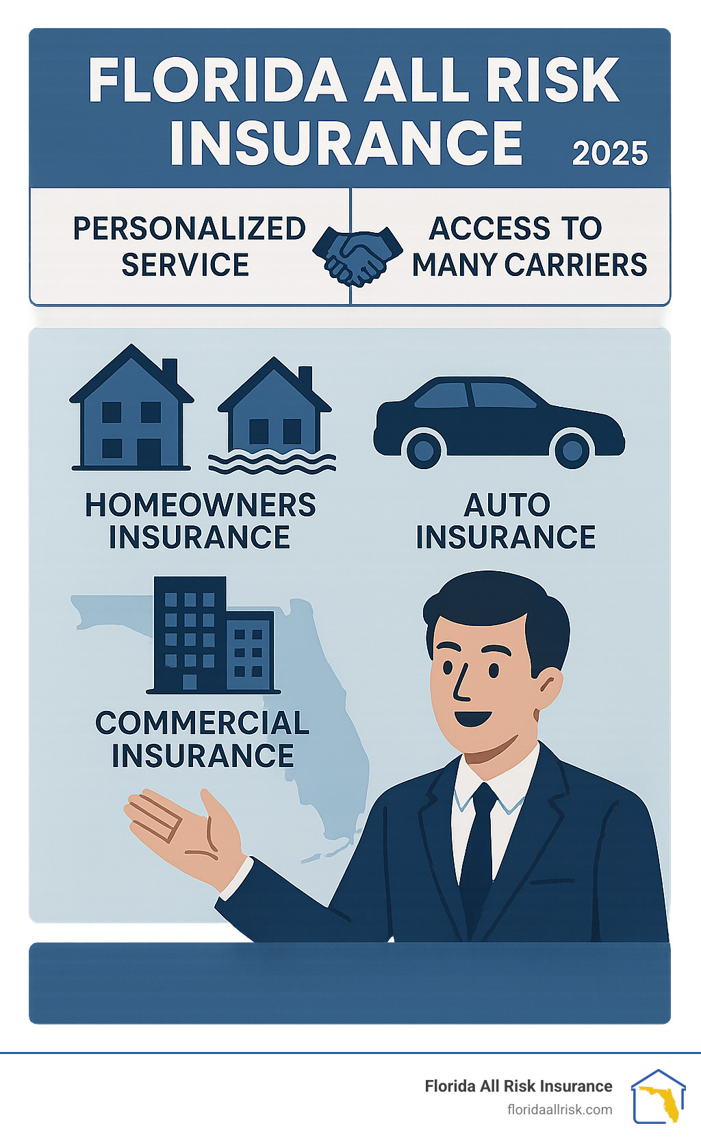 Infographic illustrating Florida All Risk Insurance coverage details including homeowners, flood, auto, and commercial insurance, emphasizing personalized service and wide carrier access. - Health plan advisors Florida infographic 