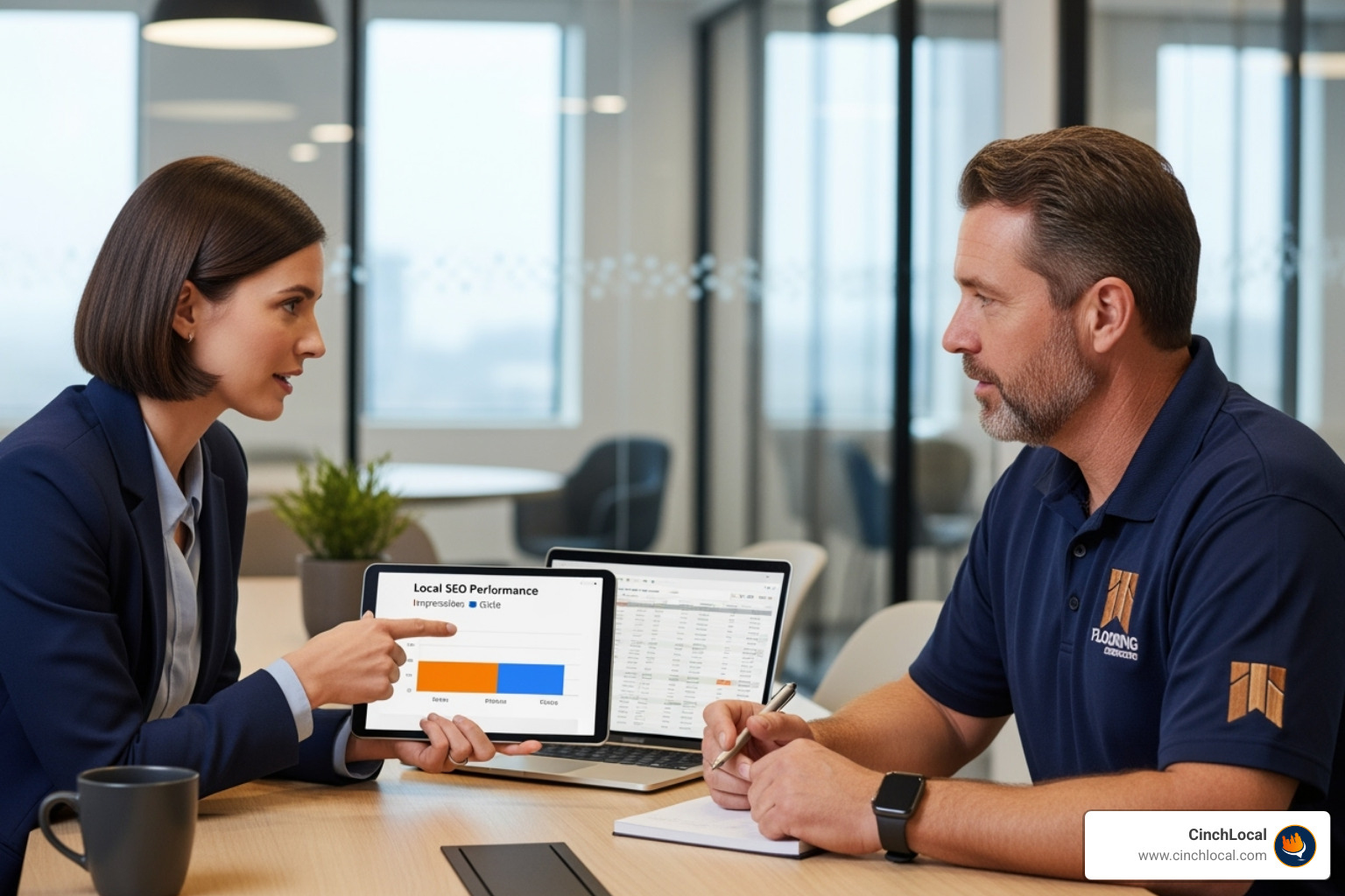 marketing professional explaining a local SEO report to a flooring contractor - local seo services for flooring contractors