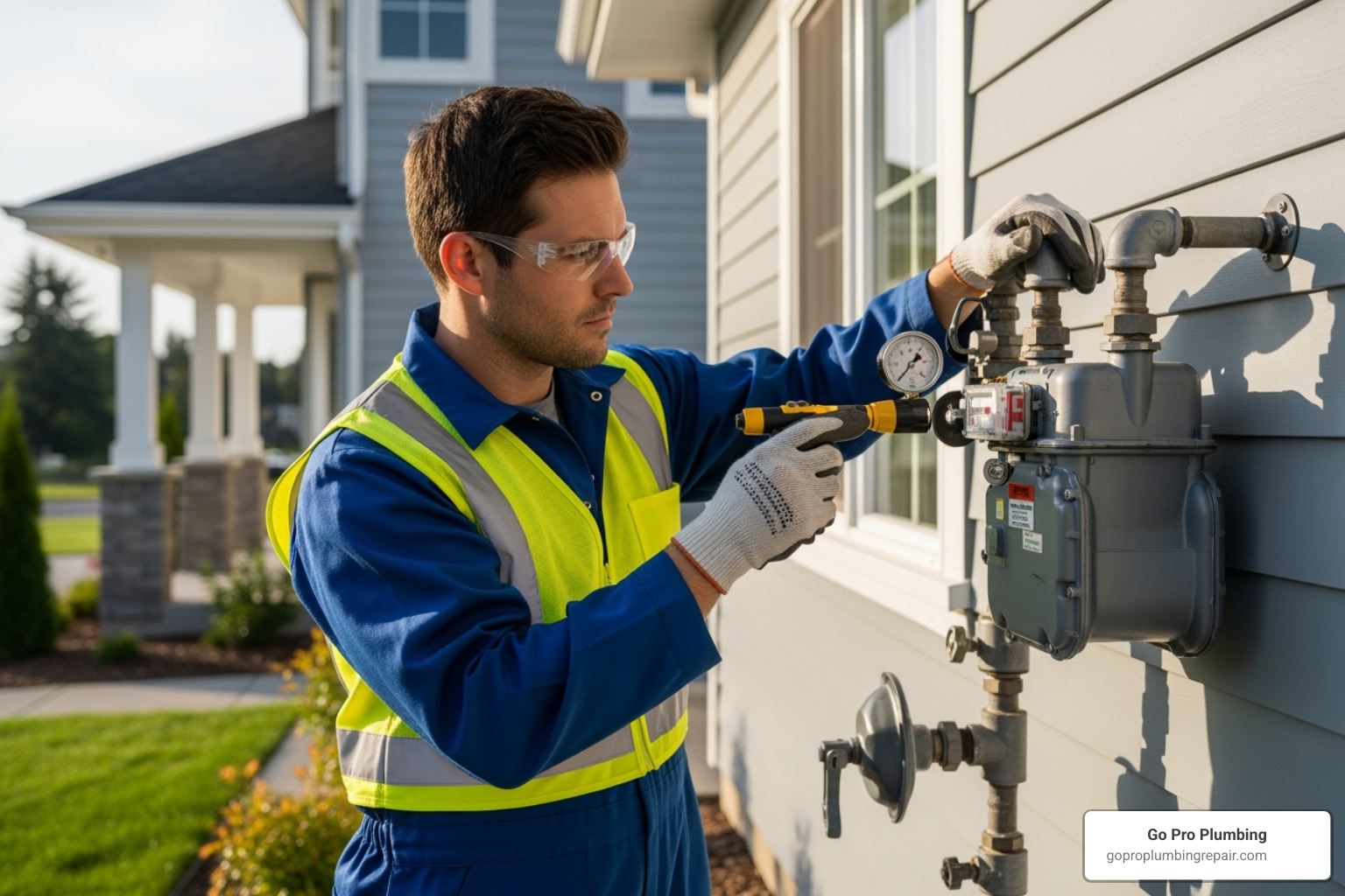 gas fitter inspecting residential gas meter - licensed gas fitter