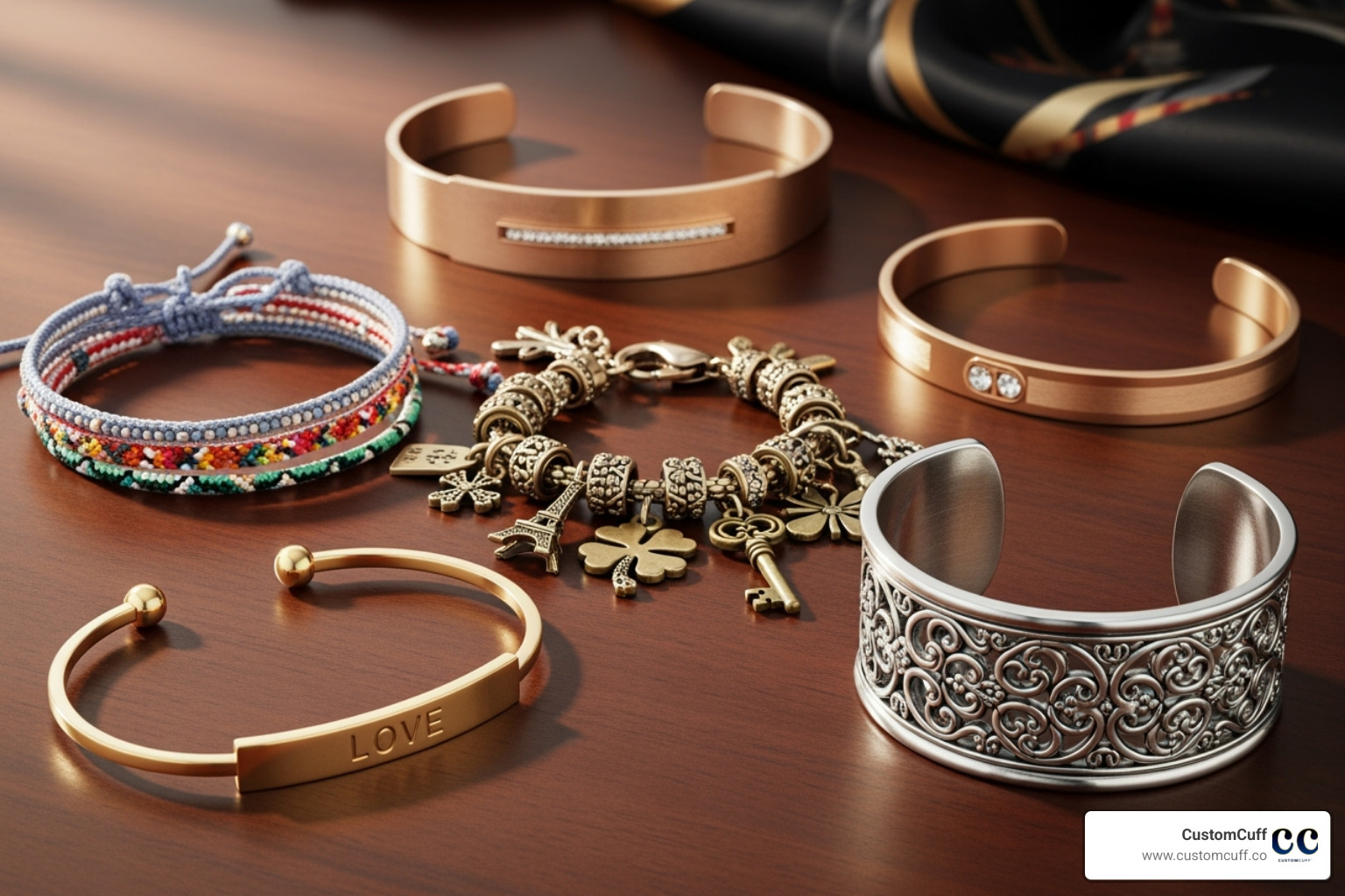 collection of different bracelet styles like bar, cuff, and charm bracelets on a decorative surface - custom engraved bracelets for her collection of different bracelet styles like bar, cuff, and charm bracelets on a decorative surface - custom engraved bracelets for her