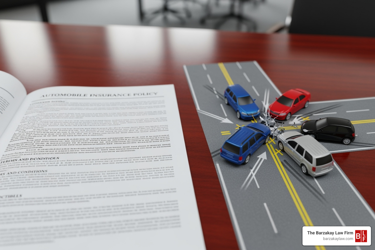 insurance policy document and diagram of a multi-car accident - santa ana rideshare accident lawyer