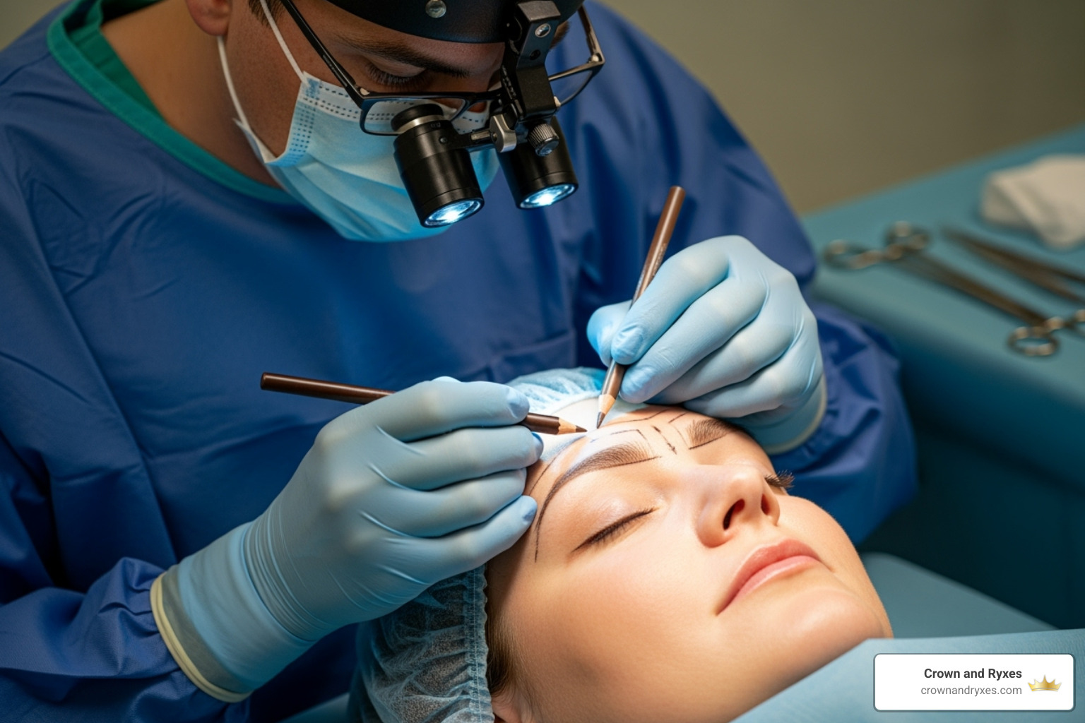 A surgeon carefully designing the eyebrow shape on a patient's face before a transplant procedure - hair transplant eyebrows before after