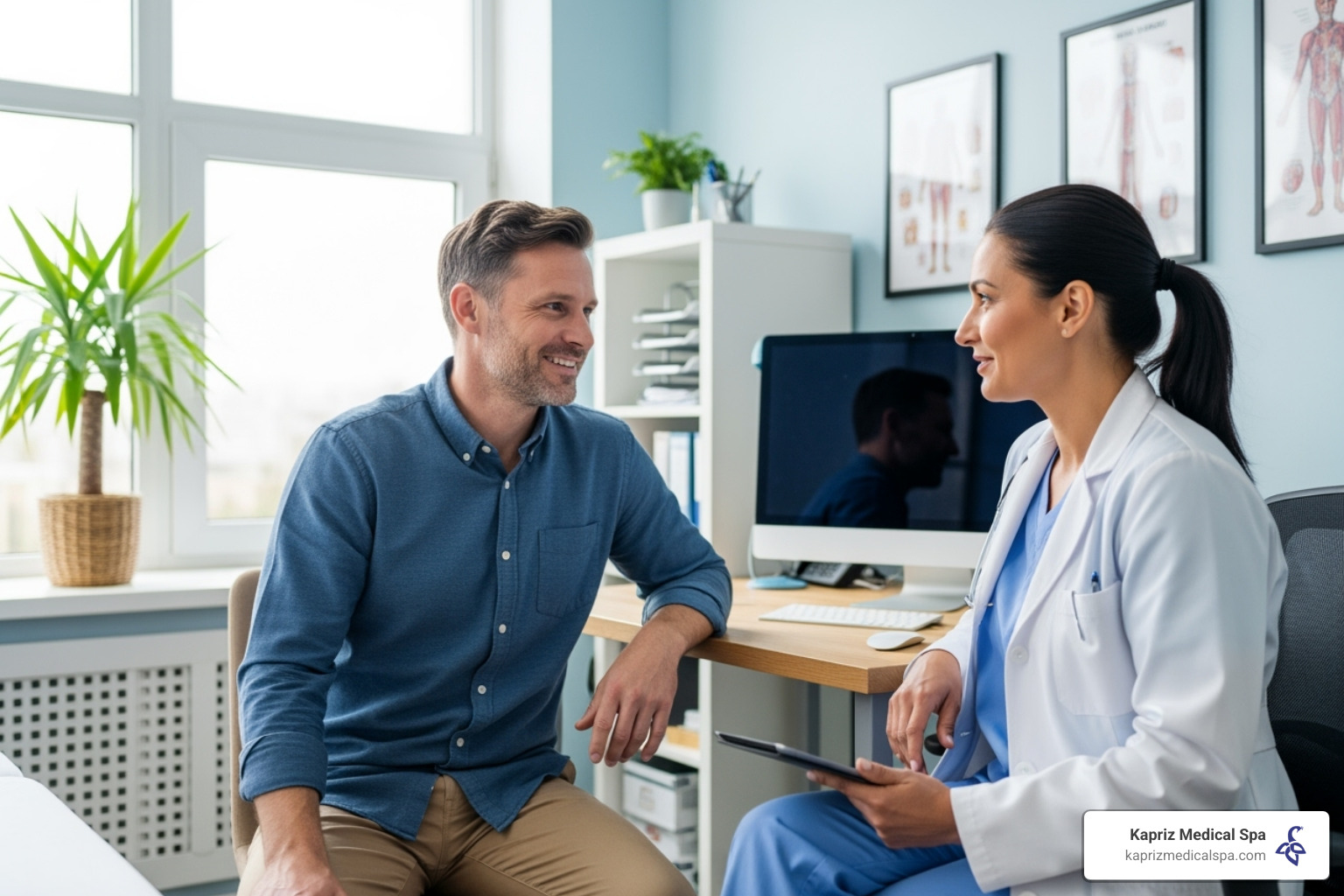 A man in a blue shirt is smiling and talking to a female medical professional in a consultation room - Body contouring for men