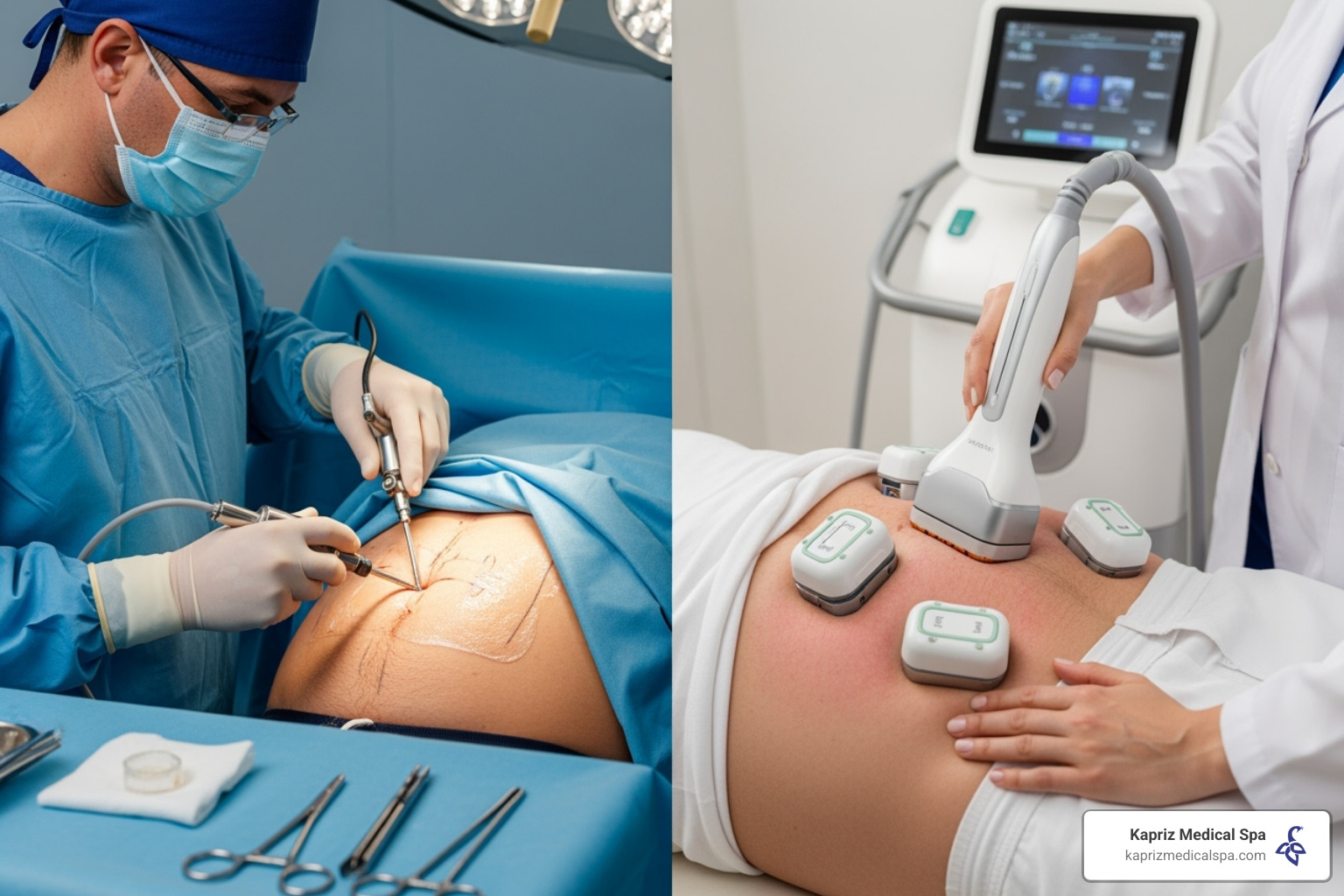 A split screen showing a surgeon performing liposuction on one side and a non-surgical device being used on an abdomen on the other - Body contouring for men