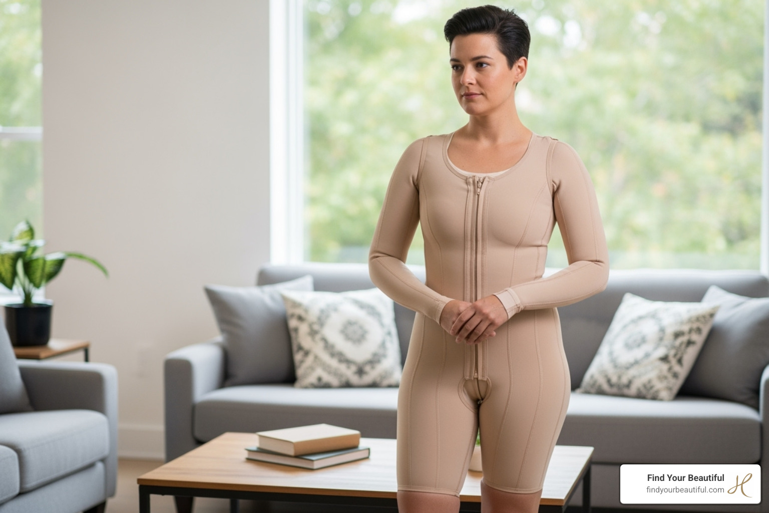 Patient wearing a post-surgical compression garment - Liposuction - Local Patient wearing a post-surgical compression garment - Liposuction - Local