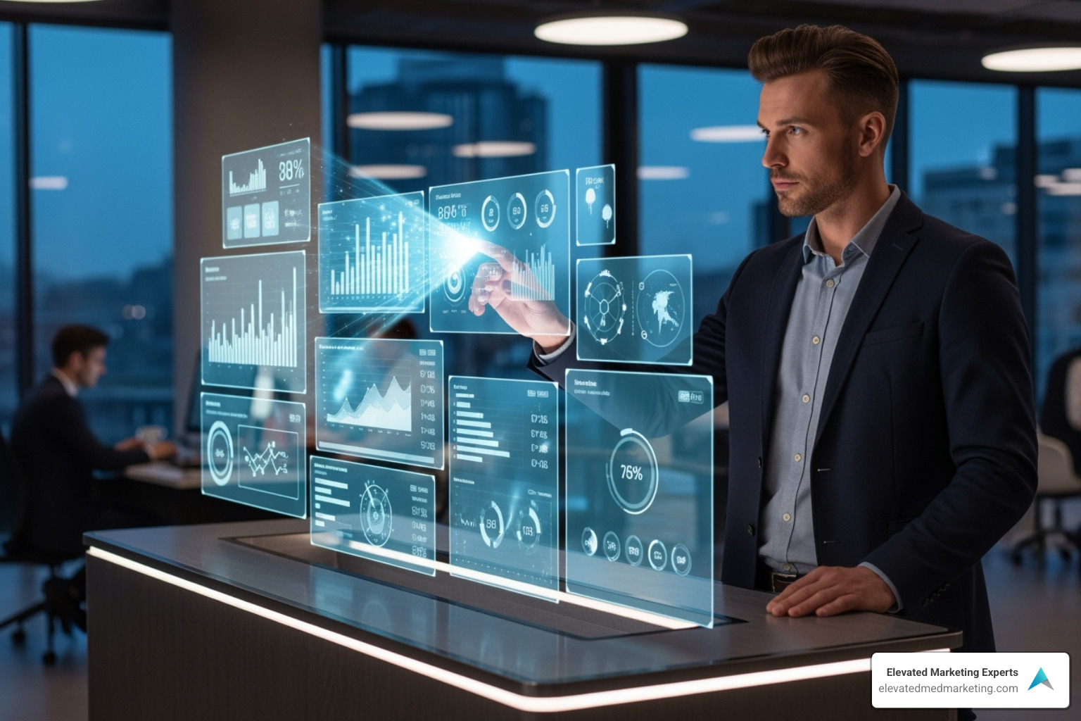 A marketer interacting with a modular technology interface. - Future proof marketing A marketer interacting with a modular technology interface. - Future proof marketing