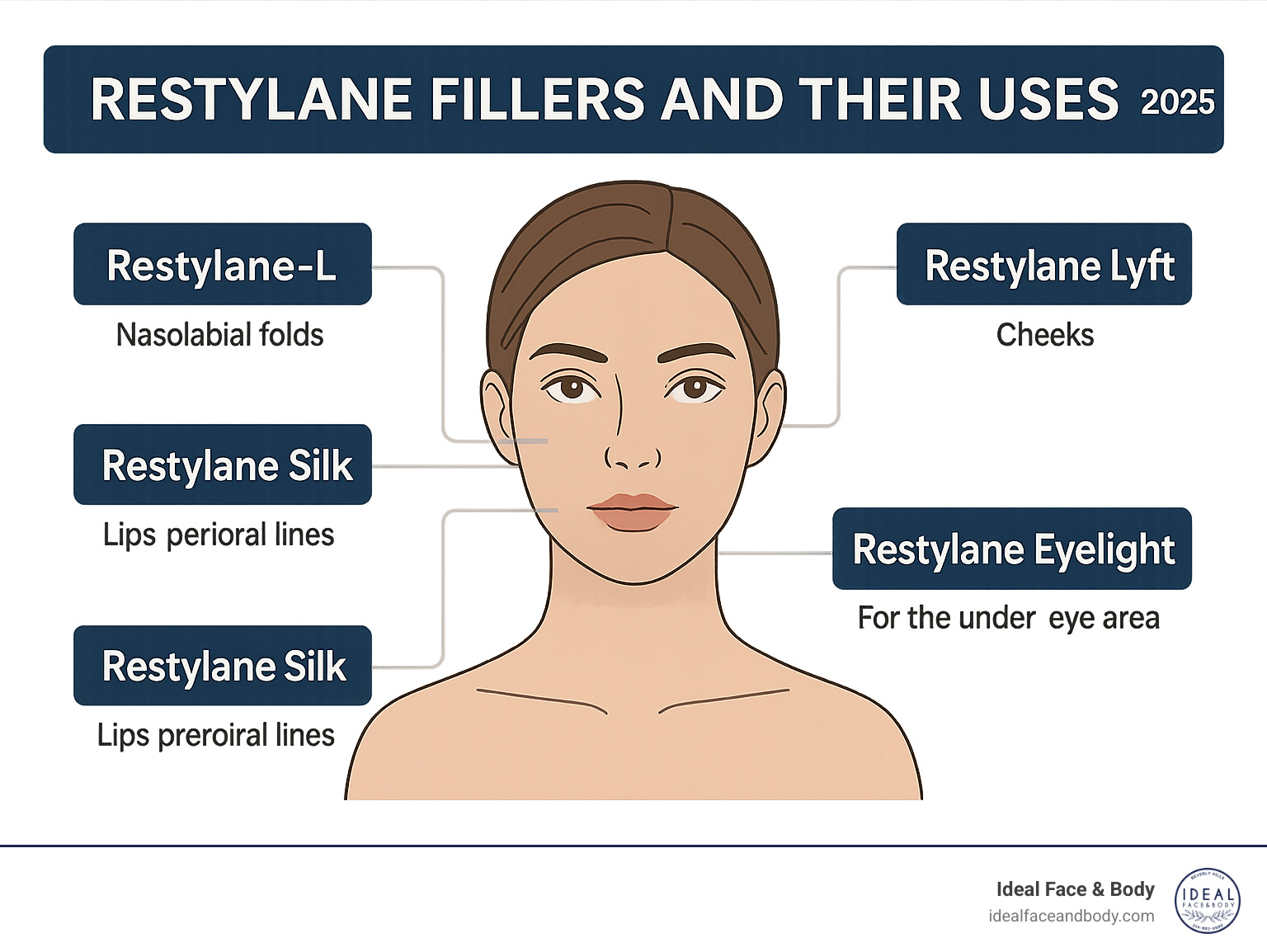 Infographic detailing the different types of Restylane fillers and their specific uses across the face, highlighting Eyelight's unique properties for the under-eye area. - restylane eyelight infographic 