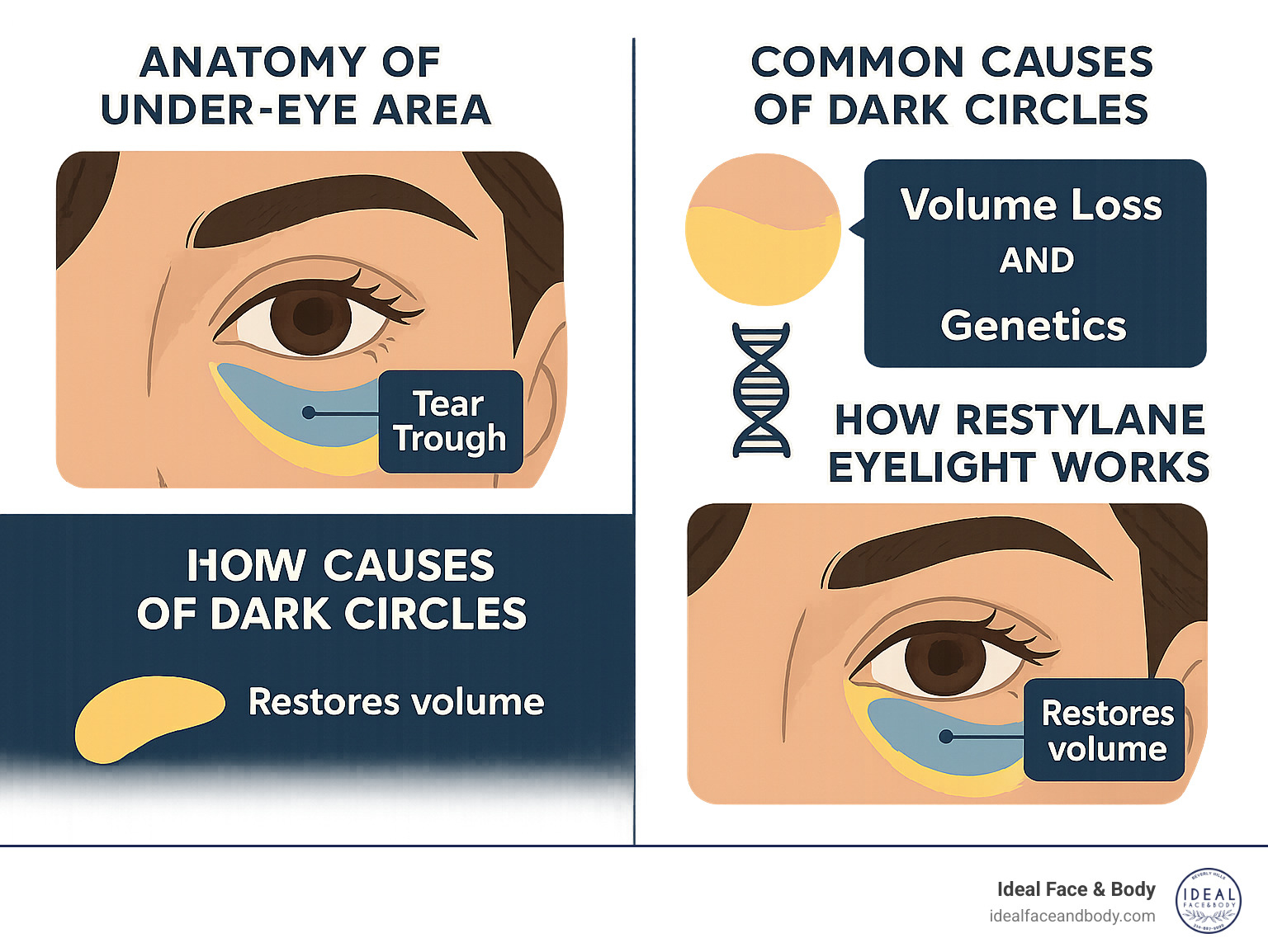 Detailed infographic showing the anatomy of under-eye area with tear trough, common causes of dark circles including volume loss and genetics, and how Restylane Eyelight works to restore volume and reduce shadows - restylane eyelight infographic 
