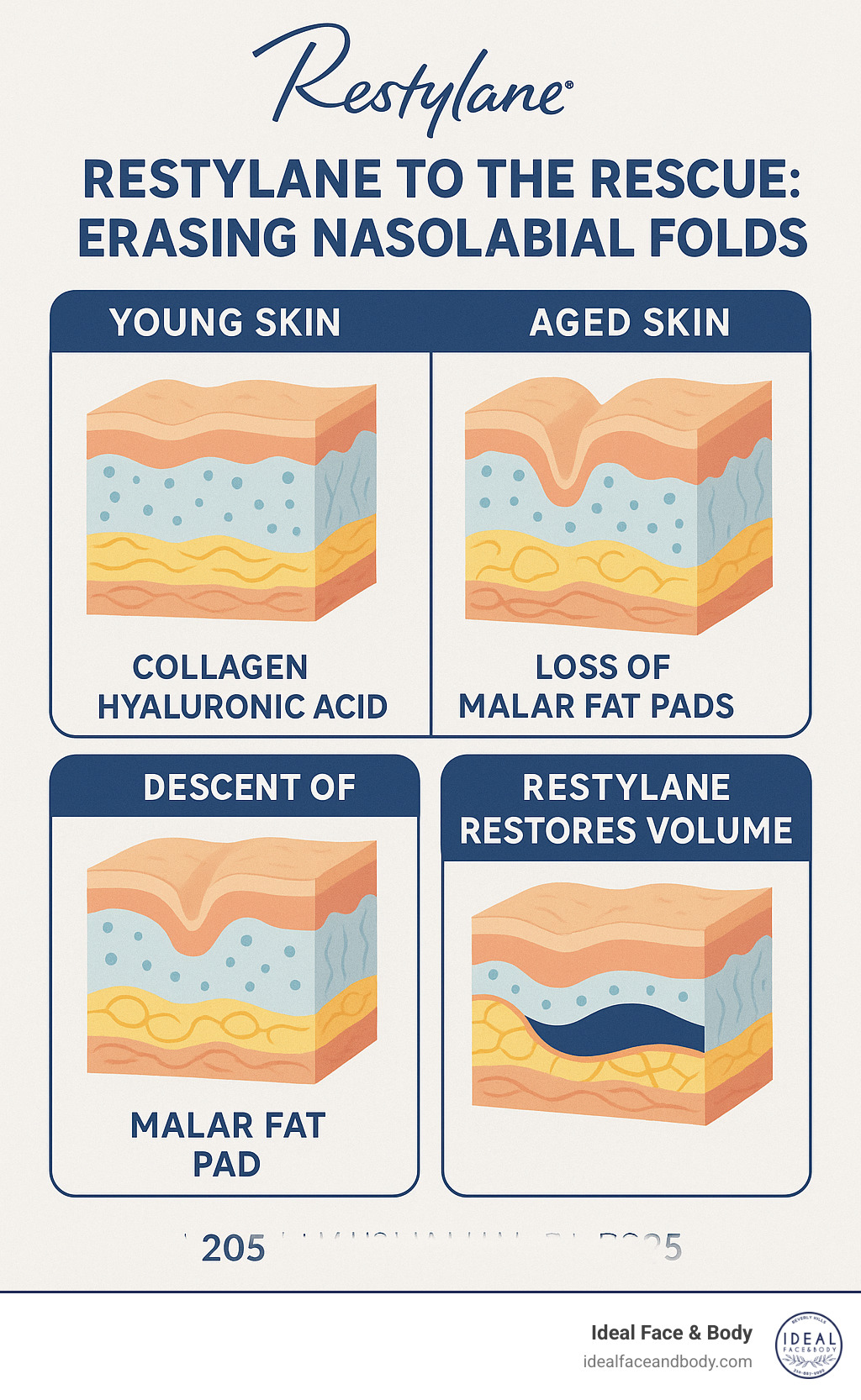 Detailed infographic showing the aging process of nasolabial folds, including cross-section of young vs aged skin, loss of collagen and hyaluronic acid, descent of malar fat pads, and how Restylane restores volume - restylane for nasolabial folds infographic 