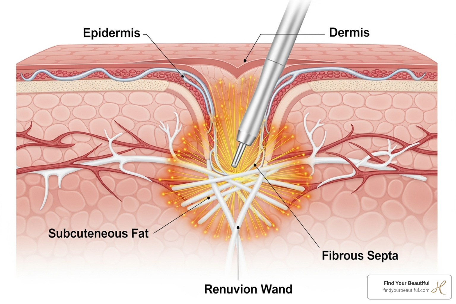 diagram showing the Renuvion wand under the skin heating the fibrous septa - Renuvion (J-Plasma) - General