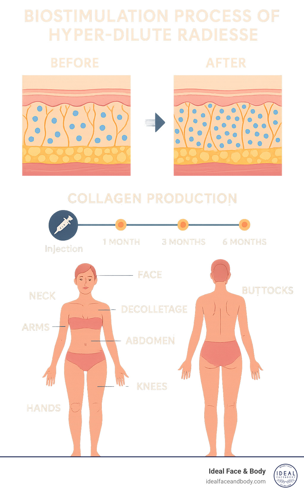Detailed infographic showing the biostimulation process of hyper-dilute Radiesse, including before and after skin structure diagrams, collagen production timeline from injection through 6 months, and visual comparison of treatment areas on the body - hyper‑dilute radiesse infographic 