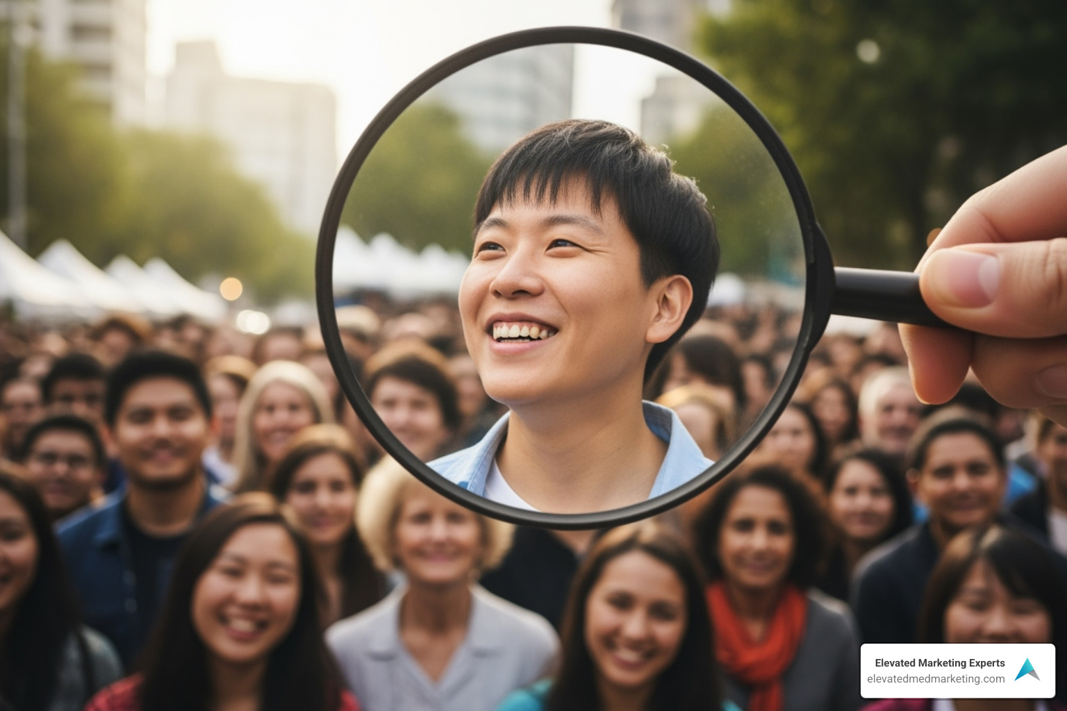 magnifying glass focusing on a single happy customer within a crowd - Custom marketing approach