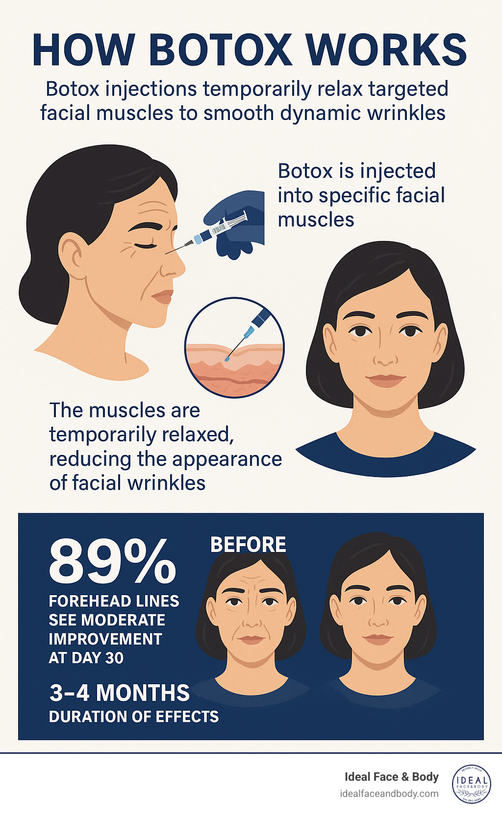 Infographic explaining how Botox injections temporarily relax targeted facial muscles to smooth dynamic wrinkles. - botox before and after infographic 