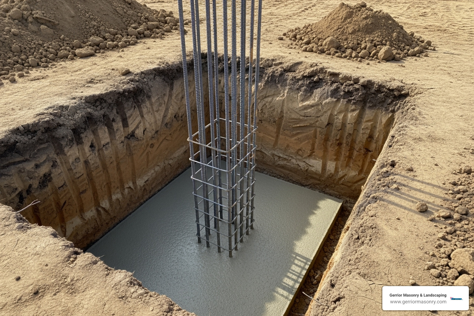 Image of a properly excavated trench with concrete footing and vertical rebar in place - cinder block wall