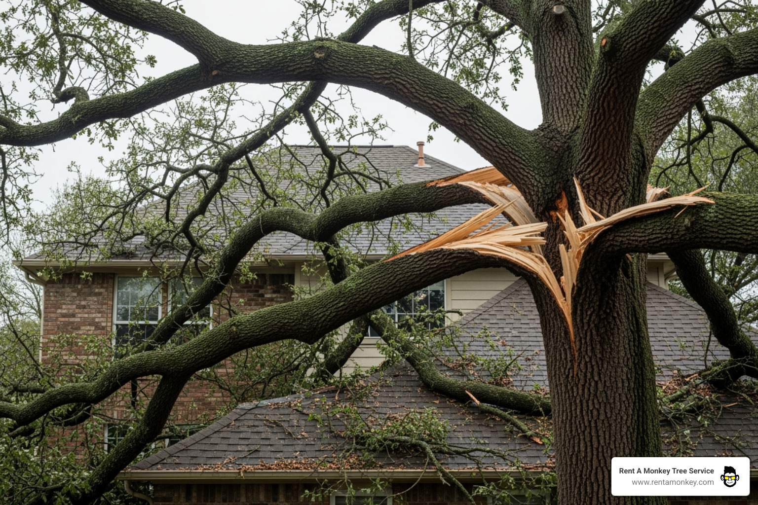 A large tree with storm-damaged branches precariously close to a house, illustrating the danger of compromised trees - draper tree removal