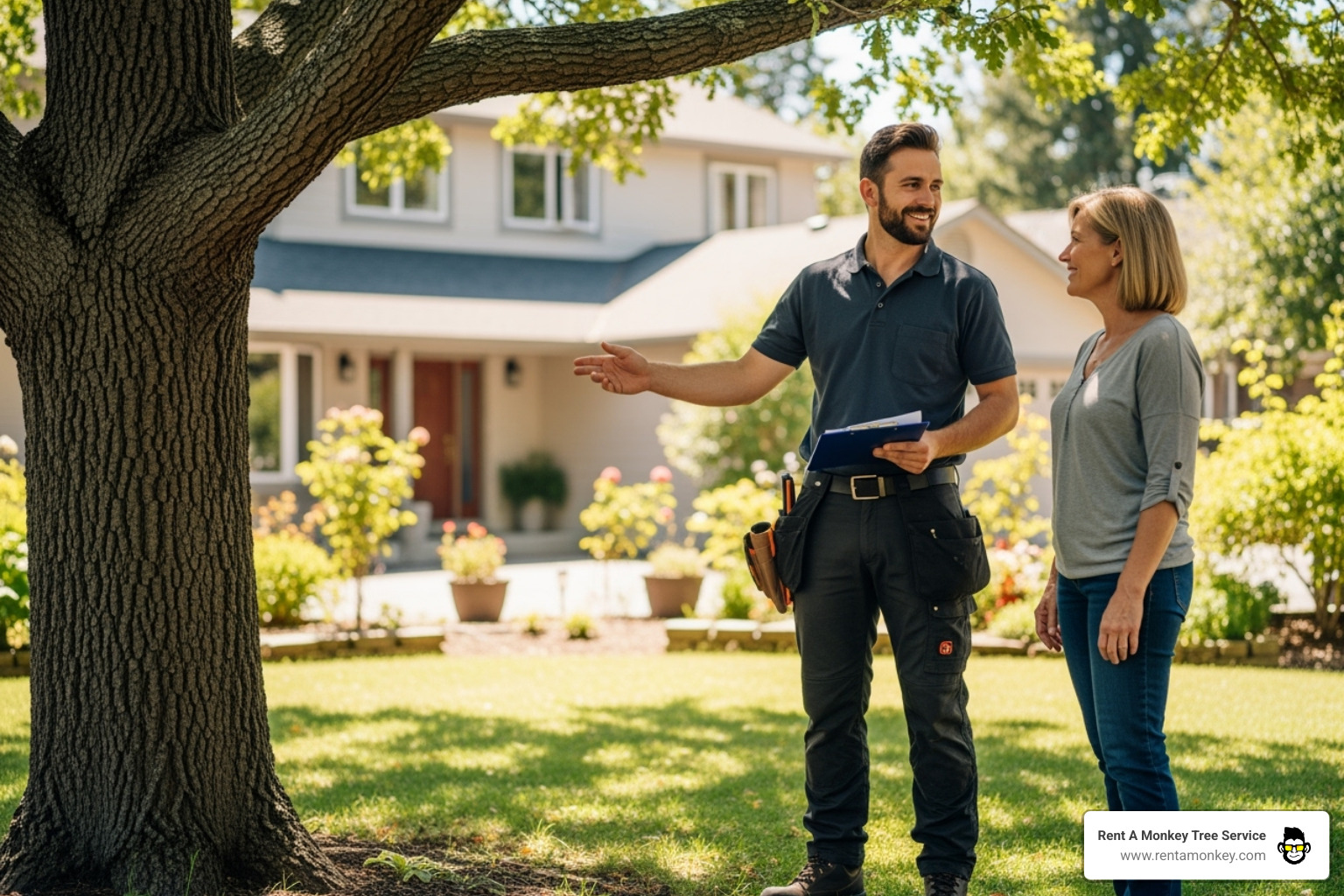 A friendly arborist in professional attire, smiling and consulting with a homeowner in their yard, pointing towards a tree while holding a clipboard - draper tree removal