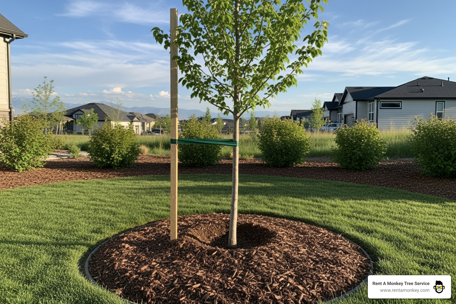 A newly planted, healthy young tree with a sturdy stake in a well-mulched bed in a sunny Draper yard, symbolizing growth and future beauty - draper tree removal