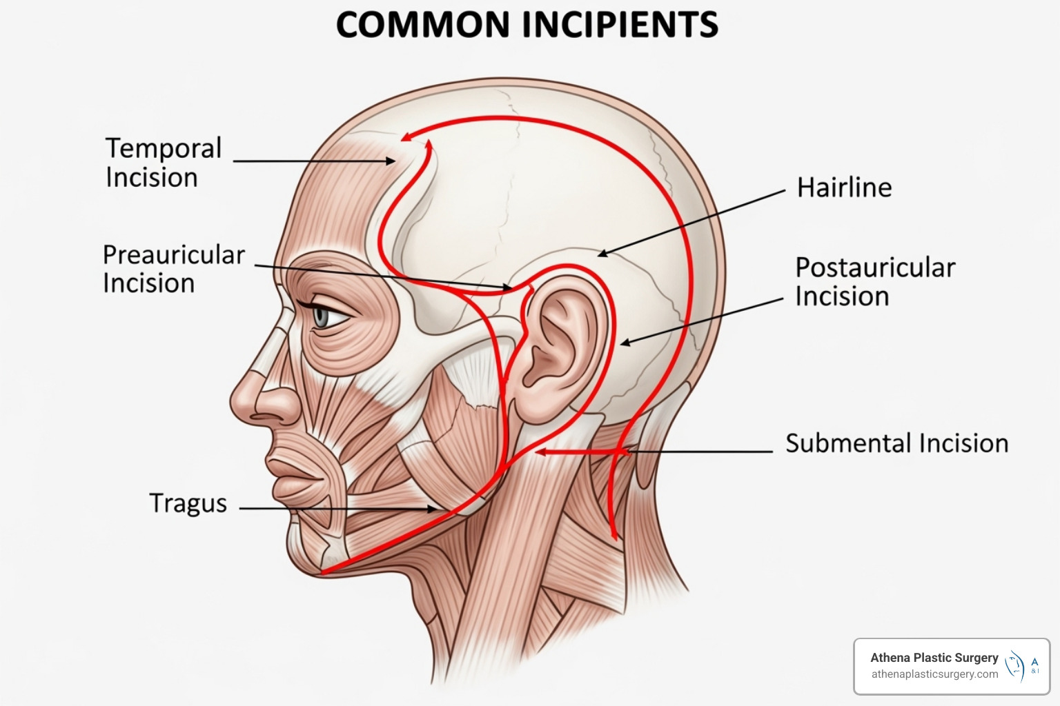 Diagram showing common facelift incision placements around the ear and hairline - deep plane facelift scars