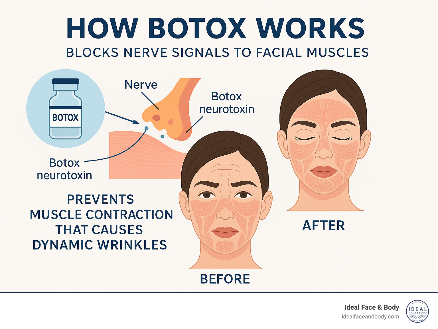 Detailed infographic showing how Botox neurotoxin works by blocking nerve signals to facial muscles, preventing contractions that cause dynamic wrinkles, with before and after facial muscle diagrams - botox cost per unit infographic 