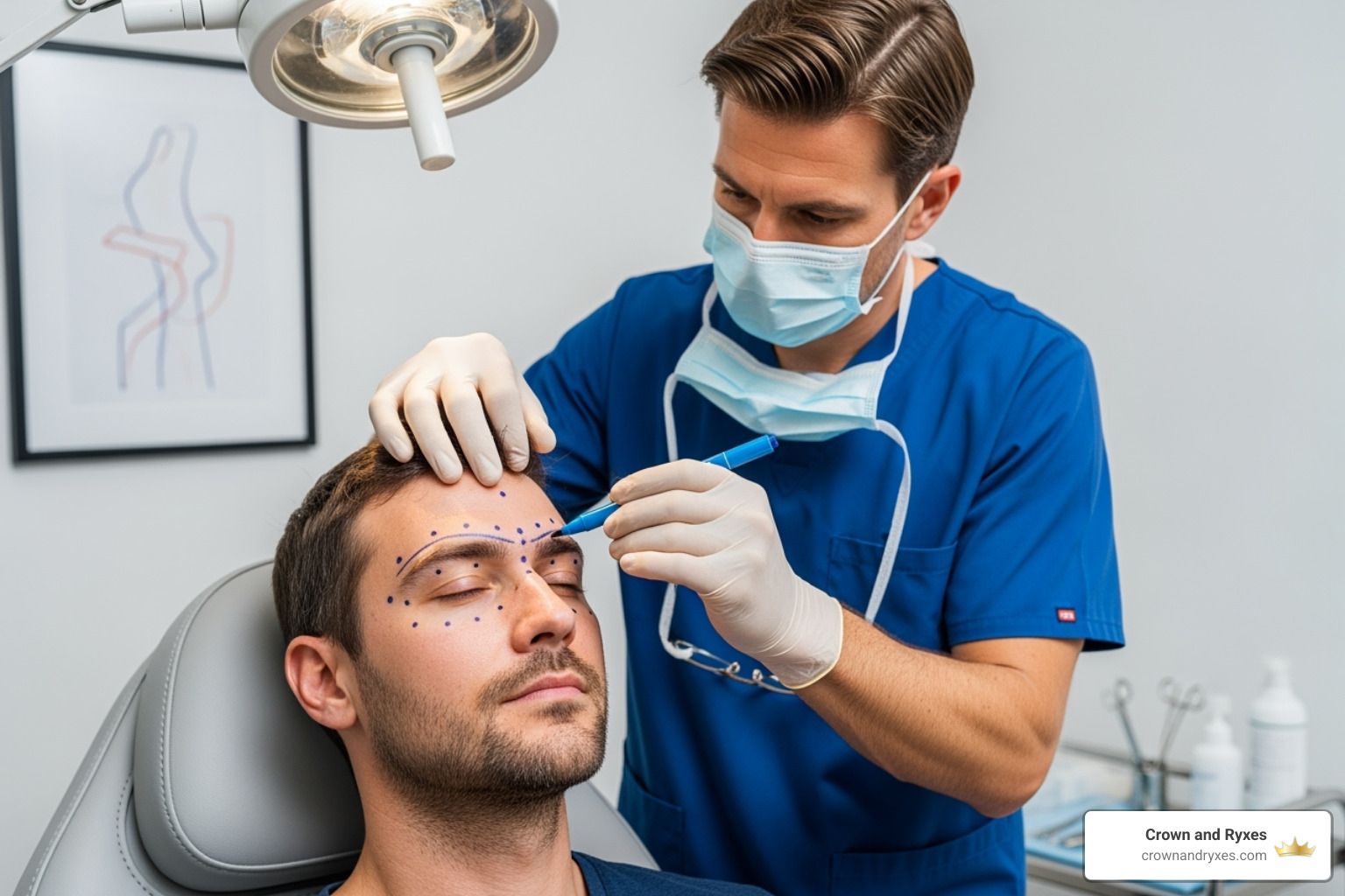 Surgeon carefully marking the desired eyebrow shape on a male patient's face during a consultation - male eyebrow transplant