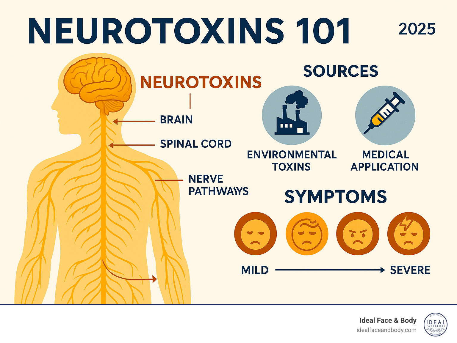 Comprehensive infographic showing the nervous system with brain, spinal cord, and nerve pathways, illustrating how neurotoxins affect different parts of the nervous system, including common sources like environmental toxins and medical applications, plus symptoms ranging from mild to severe - Neurotoxins infographic 