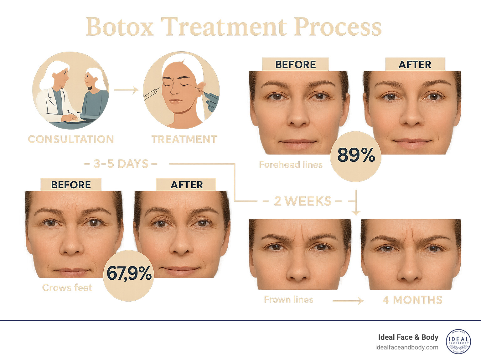 Detailed infographic showing the Botox treatment process from consultation through 4-month results timeline, including before and after photos of common treatment areas like forehead lines, crow's feet, and frown lines, with statistics showing improvement percentages and duration of effects - botox before and after infographic 