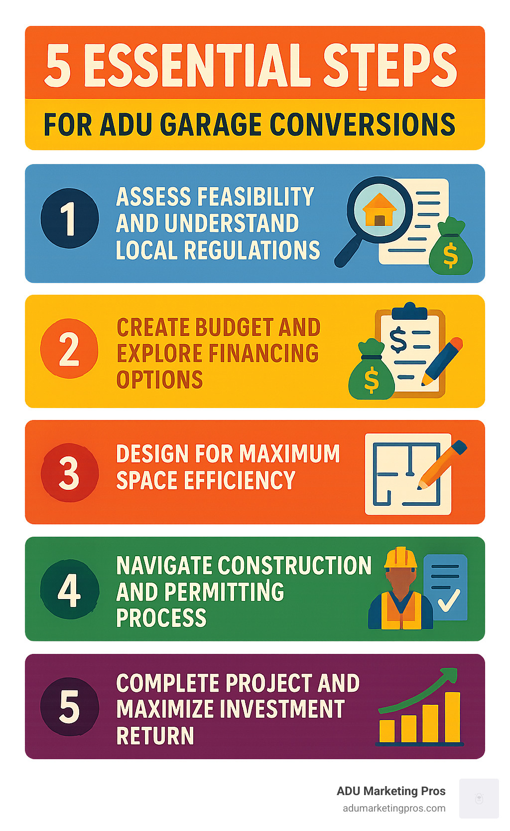 Infographic showing the 5 essential steps for ADU garage conversions: Step 1 - Assess feasibility and understand local regulations, Step 2 - Create budget and explore financing options, Step 3 - Design for maximum space efficiency, Step 4 - Steer construction and permitting process, Step 5 - Complete project and maximize investment return - adu garage conversions infographic Infographic showing the 5 essential steps for ADU garage conversions: Step 1 - Assess feasibility and understand local regulations, Step 2 - Create budget and explore financing options, Step 3 - Design for maximum space efficiency, Step 4 - Steer construction and permitting process, Step 5 - Complete project and maximize investment return - adu garage conversions infographic