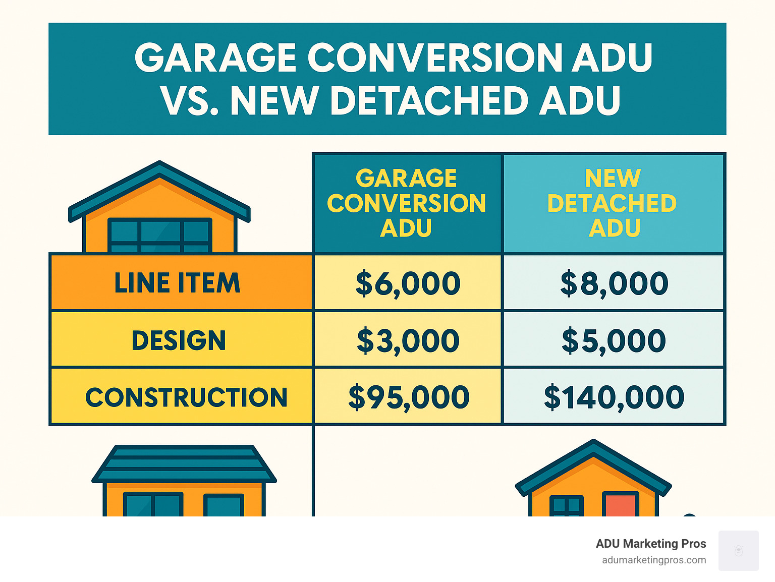 Table comparing costs of Garage Conversion ADU vs. New Detached ADU, including line items for design, permits, and construction - adu garage conversions infographic Table comparing costs of Garage Conversion ADU vs. New Detached ADU, including line items for design, permits, and construction - adu garage conversions infographic