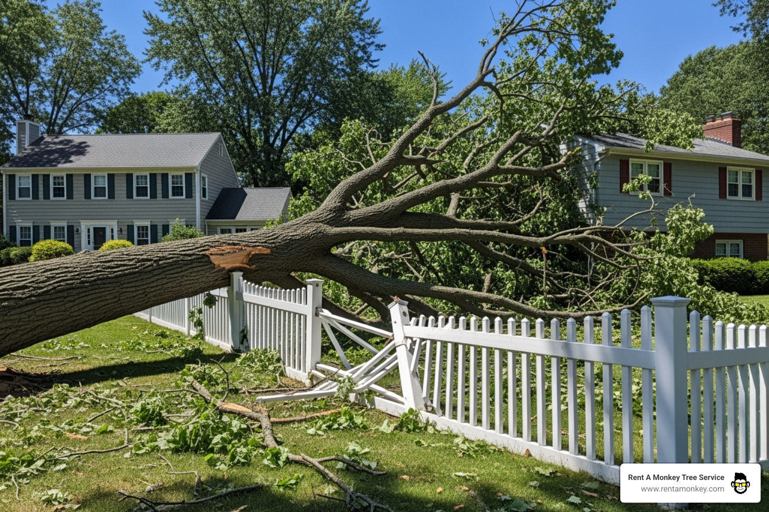 A tree fallen across a property line fence between two houses, illustrating a common scenario for liability questions - fallen tree cleanup A tree fallen across a property line fence between two houses, illustrating a common scenario for liability questions - fallen tree cleanup