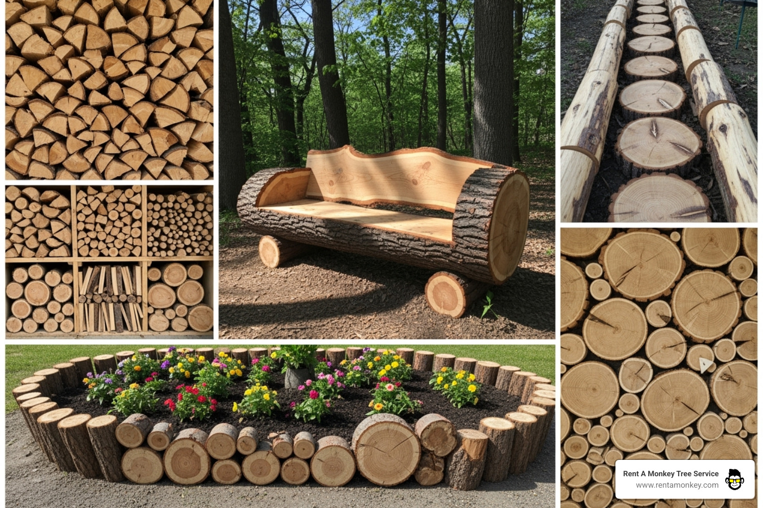 A collage of creative uses for wood, including a log bench, stacked firewood, and garden borders made from tree sections - fallen tree cleanup A collage of creative uses for wood, including a log bench, stacked firewood, and garden borders made from tree sections - fallen tree cleanup