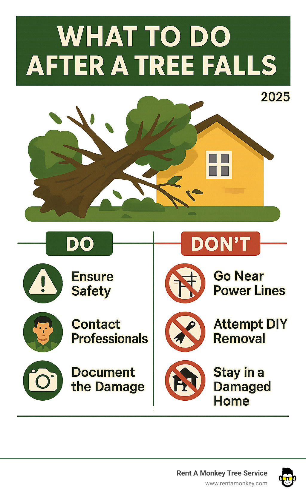 An infographic explaining the immediate "Do's and Don'ts" after a tree falls, emphasizing safety, contacting professionals, and documentation - fallen tree cleanup infographic An infographic explaining the immediate "Do's and Don'ts" after a tree falls, emphasizing safety, contacting professionals, and documentation - fallen tree cleanup infographic