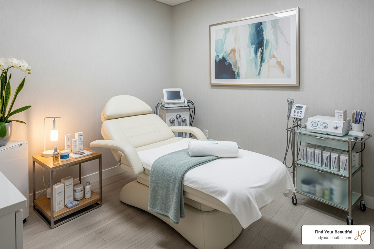 Image of a clean and professional medspa treatment room with a comfortable treatment bed - best lash lift in san antonio