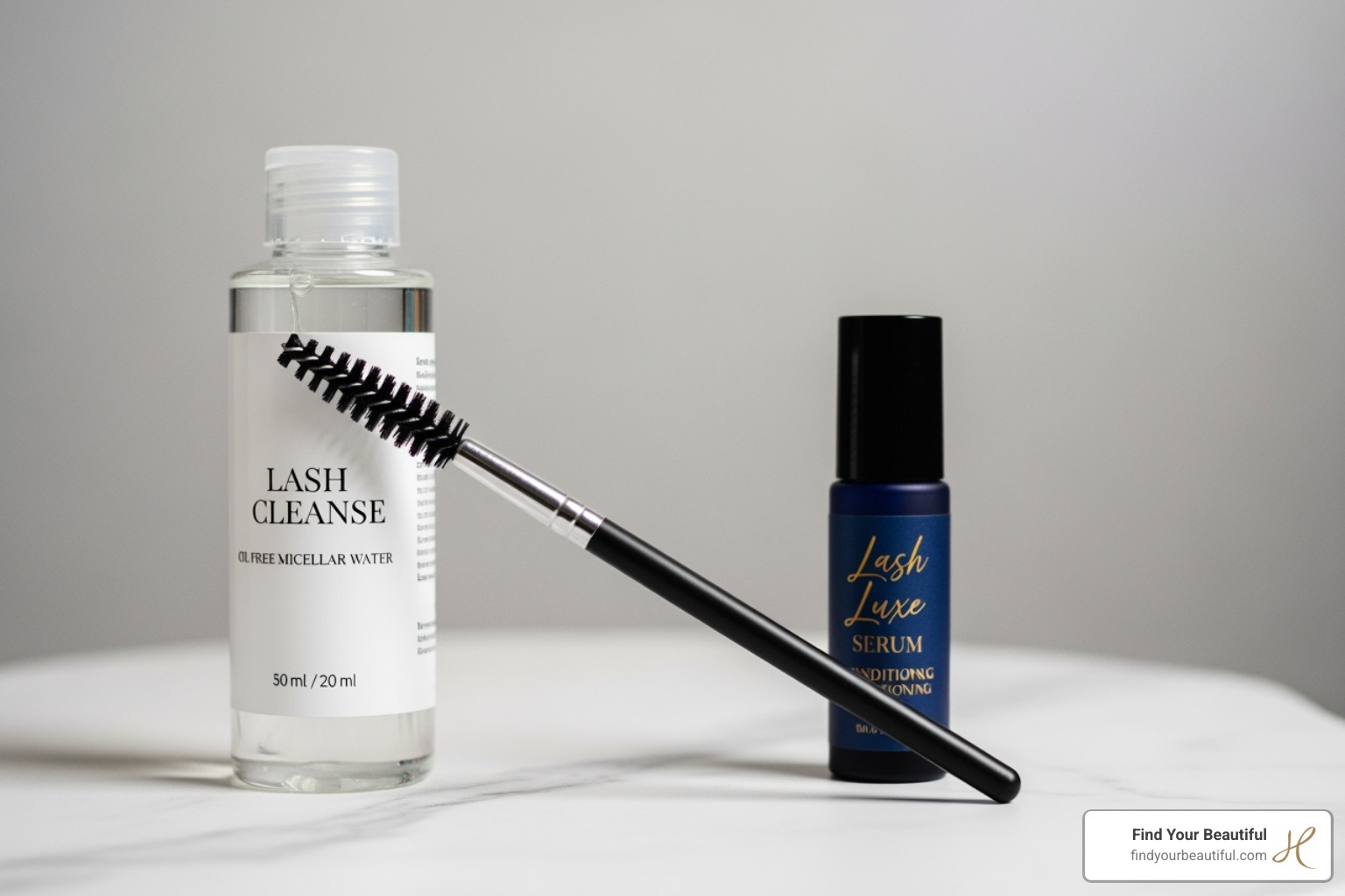 Image of lash aftercare products including a spoolie brush, an oil-free micellar water cleanser, and a lash conditioning serum - best lash lift in san antonio