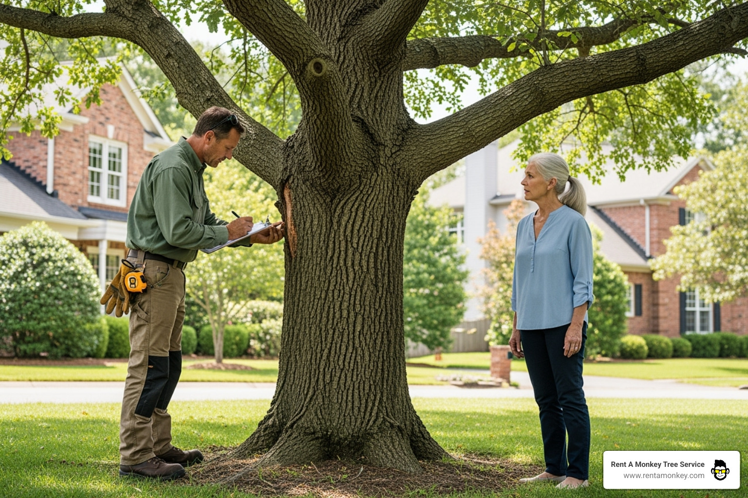 certified arborist with a clipboard assessing a tree with a homeowner - tree care companies near me