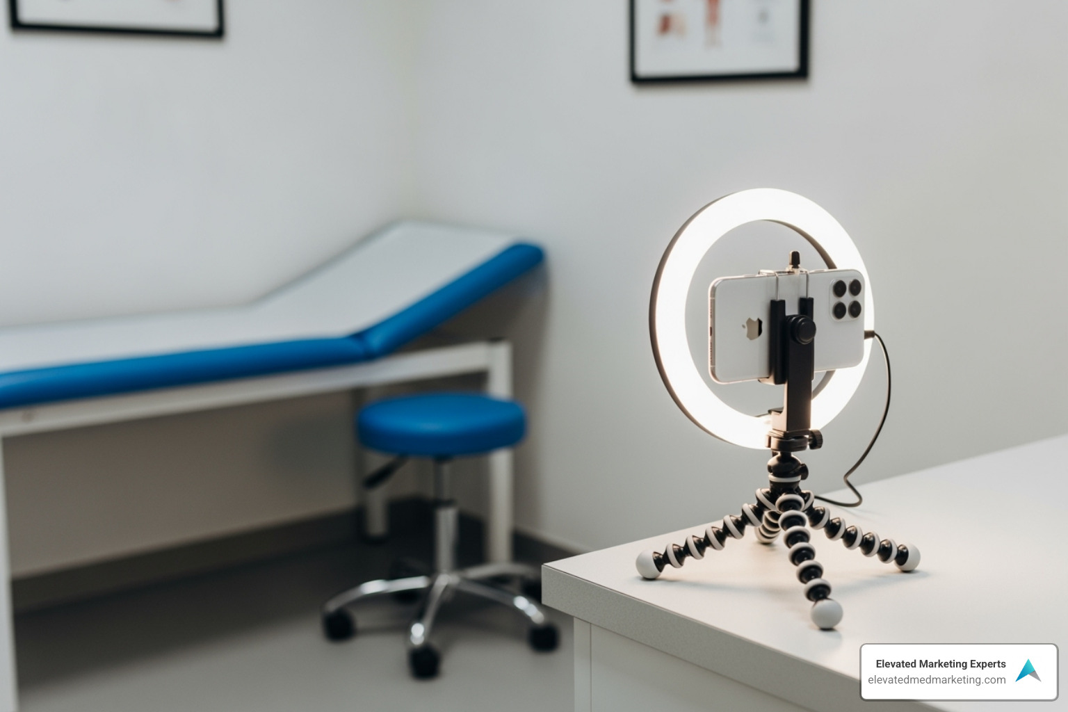 Simple video recording setup in a medical office (smartphone on a tripod, ring light) - medical video marketing