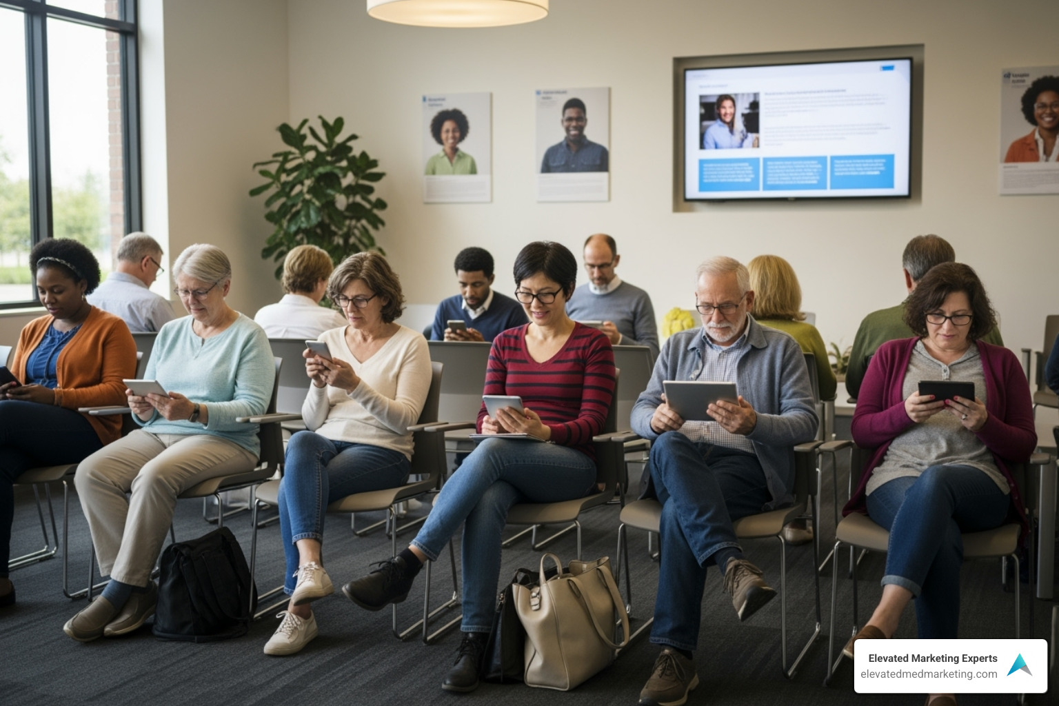 Diverse group of patients watching educational health content on their phones - medical video marketing