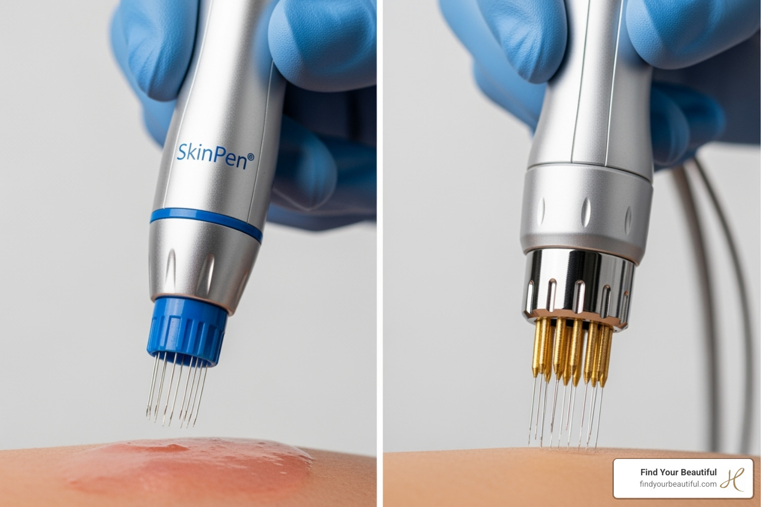 split-screen of a SkinPen device and an RF Microneedling handpiece - SkinPen Microneedling & RF Microneedling - General split-screen of a SkinPen device and an RF Microneedling handpiece - SkinPen Microneedling & RF Microneedling - General