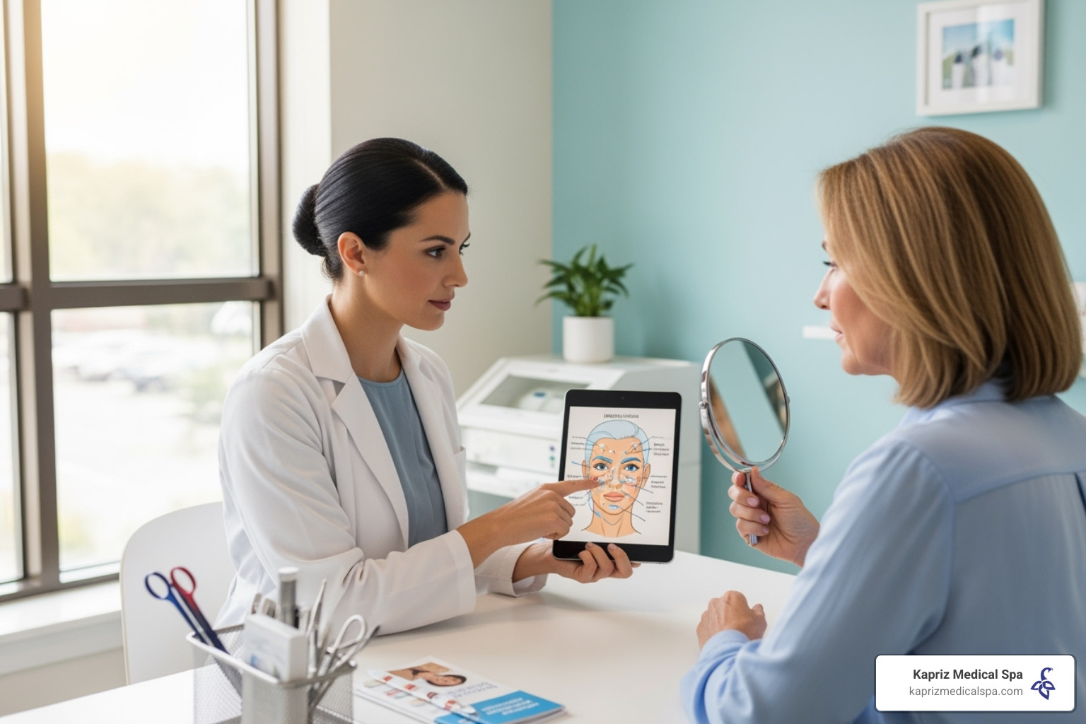 A medical professional consulting with a patient about Botox treatment - how many units of botox for eyes and forehead A medical professional consulting with a patient about Botox treatment - how many units of botox for eyes and forehead