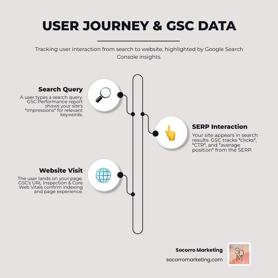 Detailed infographic showing the patient journey from Google search to website conversion, with Google Search Console data points highlighted at each stage: search query analysis, SERP appearance tracking, click-through monitoring, and landing page performance measurement - google search console infographic infographic-line-3-steps-neat_beige
